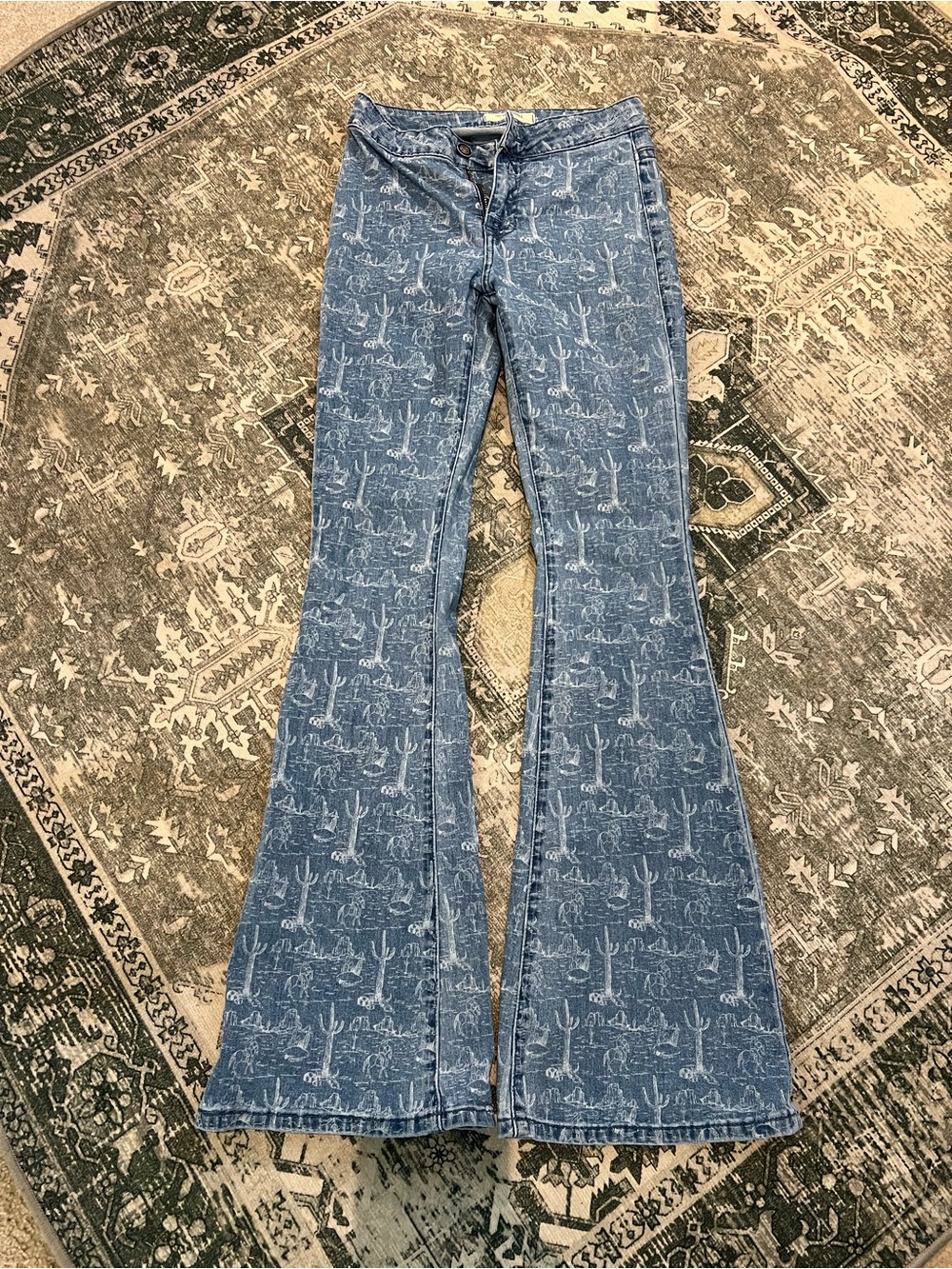 Blue Printed Flare Jeans with Subtle Desert Motif